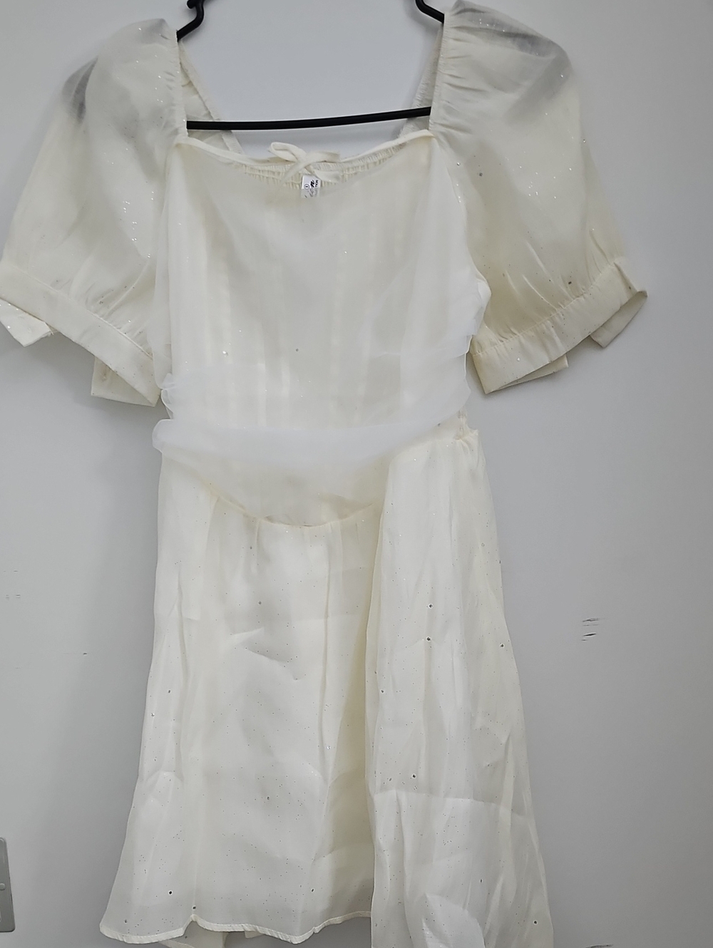 Girls White Sparkle Puff-Sleeve Dress